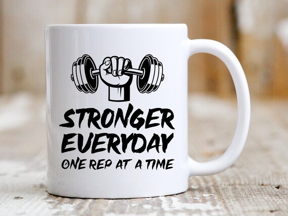 Regalo personalizzato, tazza con pesi, motivo: sport, palestra, colore: bianco, motivo: perdita di peso, palestra, esercizio, allenamento, bodybuilding, fitness, sollevamento, manubri, bilanciere