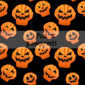 May include: A repeating pattern on a black background featuring orange seashell-shaped jack-o'-lanterns with various carved facial expressions. A semi-transparent gray horizontal band across the center displays the black text Pua pawprints.