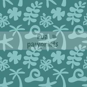 May include: Teal-colored pattern featuring light blue tropical motifs, including palm trees, flowers, and abstract shapes. The text "Pua pawprints" is overlaid on the design. This pattern is suitable for fabric or wallpaper.