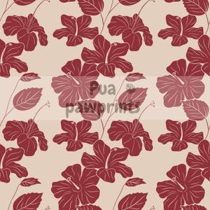 Peut inclure: Motif floral continu avec des fleurs d'hibiscus et des feuilles marron sur un fond beige clair. Le motif floral se répète sur toute la surface, créant un thème tropical et botanique.