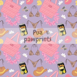 May include: A repeating pattern on a lavender background featuring pink tote bags, brown bikinis, cowboy hats, and cans of Hawaiian Soda. The design also includes pink flower leis, white flowers, and seashell accents. The text "Pua pawprints" is in the center.