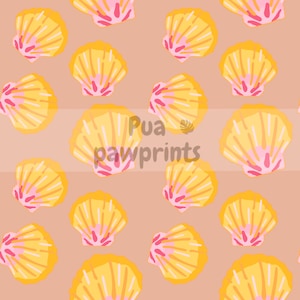 May include: A repeating pattern of yellow and pink seashells on a peach background. The seashells have a detailed design with pink accents. The text "Pua pawprints" is visible in the center of the image.