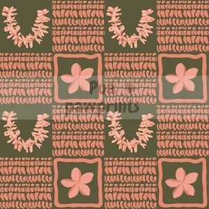 May include: A repeating pattern featuring coral-colored floral and leaf designs on a dark olive green background. The pattern includes stylized floral garlands, flower-filled squares, and rows of leaf-like shapes, creating a textured, botanical aesthetic.