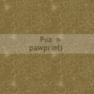 May include: A seamless pattern featuring a repeating design of white outline hibiscus flowers, monstera leaves, and smaller blossoms on a brown background. The text "Pua pawprints" is overlaid on a horizontal band.