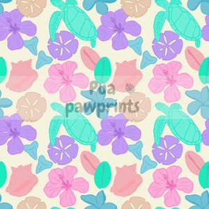 Sömlöst mönster med kustvibbar – havssköldpaddor, sanddollar, snäckor och hibiskus – digital nedladdning