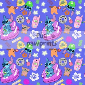 May include: A repeating pattern on a blue background featuring cartoon characters, including Stitch, Furby, and a dog. Other elements include a CD, nail polish, a flip phone, and stars. The design has a retro, nostalgic theme.