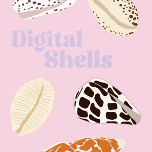 May include: Digital illustration of various seashells in shades of white, brown, and orange against a light pink background. The text "Digital Shells" is in a lavender font. The shells have unique patterns and textures.