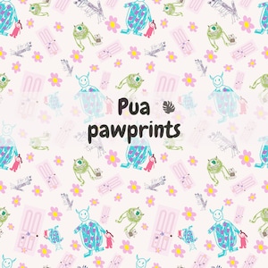 May include: A seamless pattern featuring a light blue monster with three toes, a green monster with three toes, a pink door, and pink flowers on a white background. The text "Pua pawprints" is in the center of the pattern.