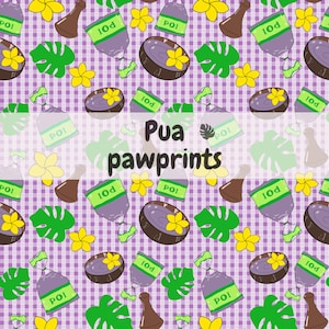 May include: A seamless pattern featuring a purple and white checked background with various tropical elements, including green leaves, yellow flowers, brown poi pounders, and purple bags labelled "POI" and "10d". The text "Pua pawprints" is centred in the pattern.