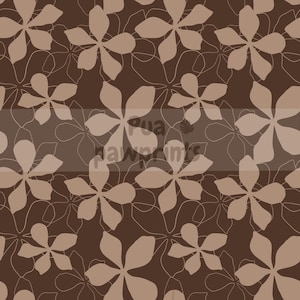 May include: A seamless pattern featuring stylized, five-petal flowers in shades of brown and beige. The design includes both solid and outlined floral elements, creating a layered effect. The background is a rich, dark brown.