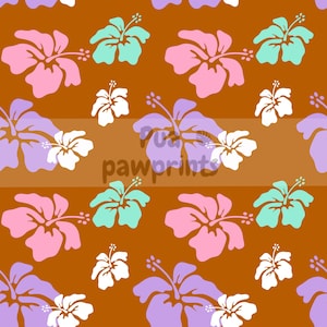 May include: A repeating pattern of hibiscus flowers in shades of pink, purple, and teal on a brown background. The design includes smaller white flowers. The text "pawprints" is visible across the center of the image.