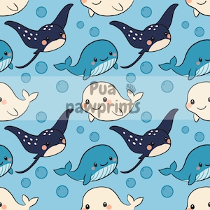 Peut inclure: Motif répétitif de baleines, raies manta et bulles de couleur bleu et blanc. Le motif comprend le texte "Pua pawprints". Idéal pour les produits pour enfants, avec un thème aquatique et ludique.