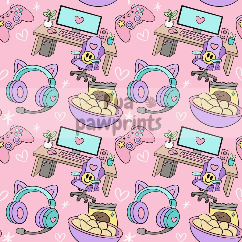 Cute Gamer Seamless Pattern PNG | Girl Gamer Pattern | Gaming Setup ...