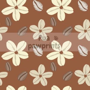 May include: A seamless pattern featuring cream-colored flowers and seashell illustrations on a brown background. The design includes the text "Pua pawprints" in a stylized font, creating a tropical or botanical theme.