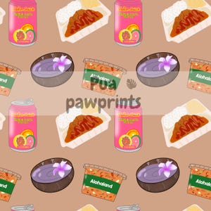 May include: A seamless pattern featuring a variety of Hawaiian-themed items, including a pink can of Aloha Juice, a bowl of purple poi, a container of Aloha Land Pua, and a plate of kalua pig with rice. The background is a light brown color.