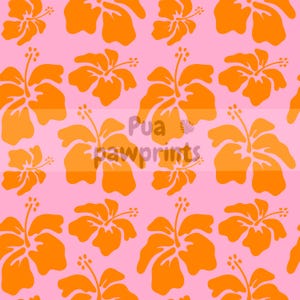 May include: A repeating pattern of orange hibiscus flowers on a pink background. The flowers are stylized with detailed petals and stamens. The text "Pua Pawprints" is watermarked across the image.