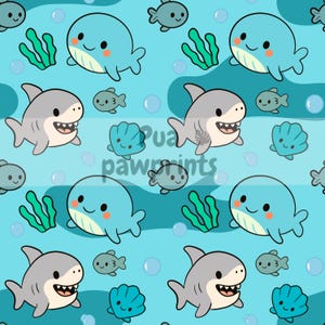Pode incluir: Padr&atilde;o repetitivo com baleias, tubar&otilde;es, peixes, algas marinhas e conchas de desenho animado em um fundo azul claro. As baleias e conchas s&atilde;o azul claro, os tubar&otilde;es s&atilde;o cinza e os peixes s&atilde;o cinza-esverdeados. O texto "Pua pawprints" est&aacute; no centro.