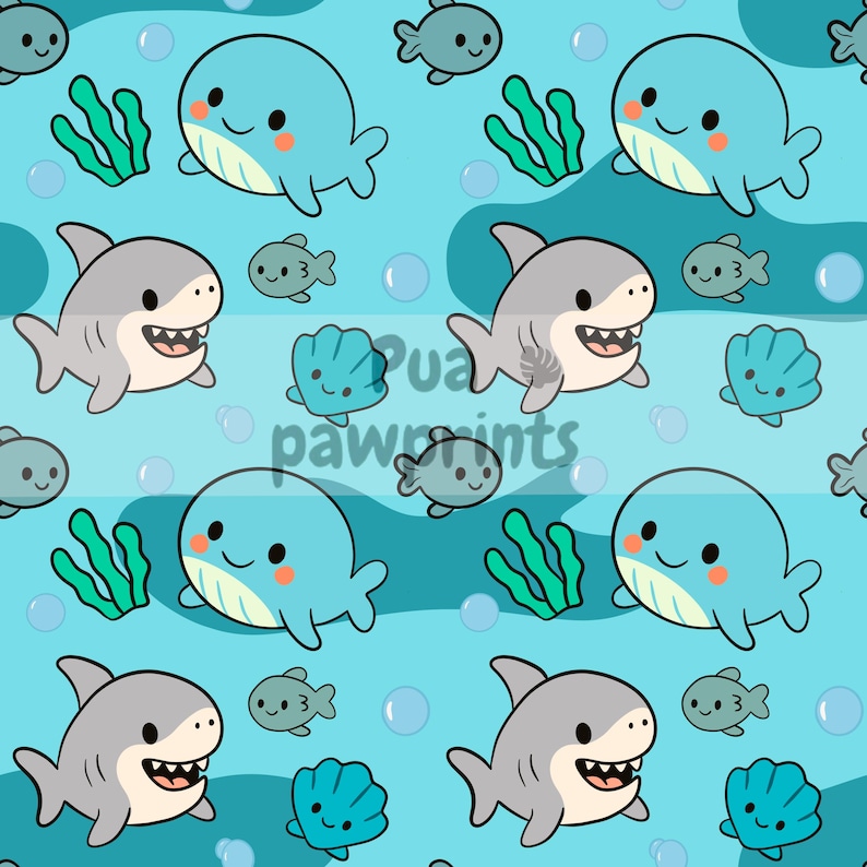 Pode incluir: Padr&atilde;o repetitivo com baleias, tubar&otilde;es, peixes, algas marinhas e conchas de desenho animado em um fundo azul claro. As baleias e conchas s&atilde;o azul claro, os tubar&otilde;es s&atilde;o cinza e os peixes s&atilde;o cinza-esverdeados. O texto "Pua pawprints" est&aacute; no centro.