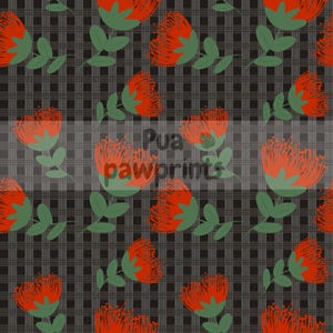May include: A repeating pattern featuring stylized red flowers with green accents and leaves, set against a gray plaid background. The text "Pua pawprints" is overlaid on the design.