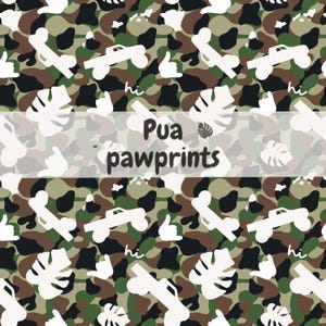 May include: A seamless pattern featuring a camouflage background with white paw prints, monstera leaves, trucks, and the text "Pua pawprints".