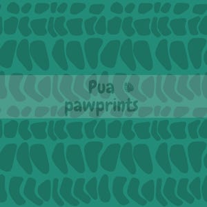 May include: A teal-coloured repeating pattern with an organic, textured design. The pattern features elongated, rounded shapes arranged in vertical rows. A lighter teal band across the centre displays the text "Pua pawprints" with a leaf icon.