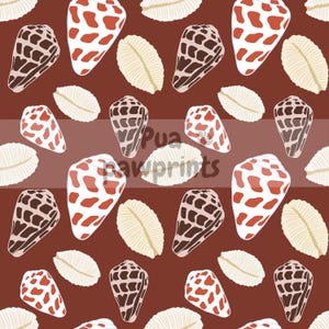 May include: A repeating pattern of seashells in various shapes and colors. The design features white, brown, and red shells on a dark brown background. The text "Pua Pawprints" is visible in the center of the image.