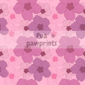 May include: A repeating pattern of stylized flowers in shades of pink and purple. The flowers have a detailed, linear design and are layered on a light pink background. The text "Pua pawprints" is overlaid on the image.