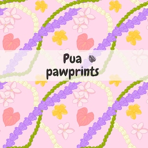 Puede incluir: Un fondo rosa con un patrón repetido de flores blancas, flores moradas, flores amarillas, hojas verdes y hojas rosas. El texto "Pua pawprints" está en el centro de la imagen.