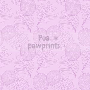 May include: A seamless pattern featuring stylized breadfruit and leaf illustrations in a soft lavender hue. The design includes the text "Pua pawprints" in the center. This pattern is suitable for fabric, wallpaper, or other design applications.