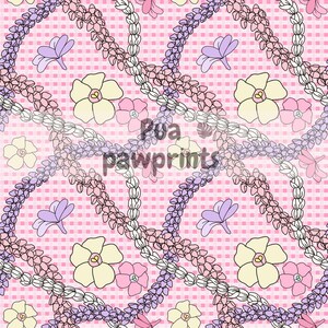 May include: A repeating pattern with stylized flowers and beaded strands in pastel shades. The design includes large cream flowers, small pink flowers, and lavender blossoms, set against a pink checkered background. The text "Rua pawprints" is overlaid.