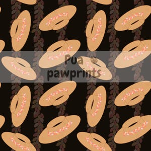 May include: A seamless pattern featuring brown sun hats with pink floral accents on a black background. The text "Pua pawprints" is visible in the center of the image.