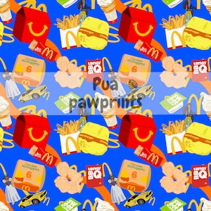 May include: A repeating pattern on a blue background featuring illustrations of fast food items. Includes red Happy Meal boxes, french fries, cheeseburgers, Chicken McNuggets, ice cream cones, and a yellow toy car. The text "Pua pawprints" is overlaid.