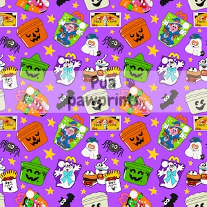 May include: A repeating pattern on a purple background featuring Halloween-themed illustrations. Includes orange jack-o'-lantern buckets, green witch hats, cartoon spiders, ghosts, and stars. Also features McDonald's-themed characters and "FREE CONE" tickets.