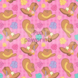 May include: A repeating pattern of cowboy boots adorned with floral arrangements and cowboy hats with yellow trim, set against a pink plaid background with flower accents. The boots and hats are a light brown color.