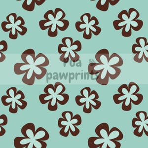 Può includere: Un motivo ripetuto di fiori marroni e bianchi su sfondo azzurro. I fiori hanno un design stilizzato a cinque petali. Il testo "pua pawprints" è parzialmente visibile nell'immagine.