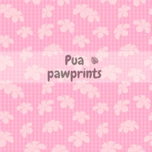 May include: Pink and white gingham background with a repeating pattern of white plumeria flowers. The text "Pua pawprints" is centred in the middle of the image.