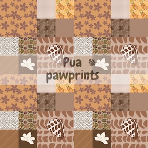 Pode incluir: Um design de patchwork com quadrados com estampas florais, de conchas e animais em tons de castanho, bege e laranja. O texto "Pua pawprints" está centrado. O tema geral é tropical e inspirado na natureza.