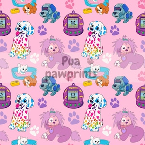 May include: A repeating pattern on a pink background featuring cartoon dogs, cats, and robotic toys. The dogs have colorful spots, and the cats are in blue beds. Purple paw prints and GigaPets devices are also included.