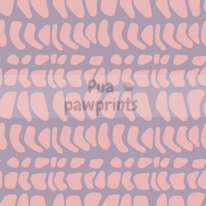 May include: A repeating pattern with abstract shapes in a soft pink against a muted purple background. The design features elongated, curved forms arranged in horizontal rows, creating a textured, organic aesthetic. The text "Pua pawprints" is visible.