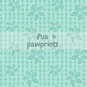 May include: A repeating pattern of light teal plumeria flowers set against a darker teal grid background. The text Pua pawprints is centered in the middle of the image, accompanied by a small leaf icon next to the word Pua.