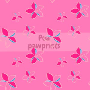 May include: A pink floral pattern with magenta and light pink flowers, accented with blue. The background is a solid pink with a horizontal stripe. The text "Pua pawprints" is in the center.