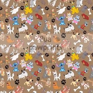 Può includere: Un motivo ripetuto con vari personaggi di cani dei cartoni animati, impronte di zampe e ossa su sfondo marrone. Il design include cani di razze e colori diversi, creando un'estetica giocosa e stravagante.