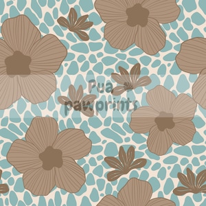 Puede incluir: Patrón repetitivo con grandes flores marrones con contornos detallados, pequeños acentos florales marrones y un fondo azul claro en forma de guijarros. El texto "Pua pawprints" es visible en el centro de la imagen.