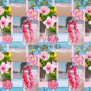 Puede incluir: Patrón repetitivo con flores de hibisco rosas, leis rojos y escenas de playa con palmeras. El diseño está sobre una cuadrícula rosa claro, creando una estética tropical. El texto "Puzz Pawprints" es visible.
