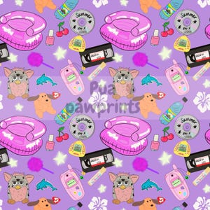 May include: A repeating pattern on a lavender background featuring nostalgic 90s items. Includes a pink inflatable chair, Furby toy, CD with "Summer Mix" text, a pink flip phone, a Beanie Baby dog, and a VHS tape labeled "Vacation 2008".