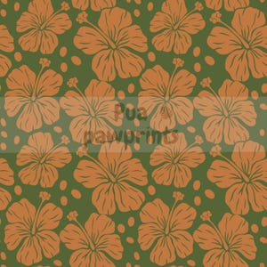 May include: A repeating pattern of orange hibiscus flowers and small orange dots on a green background. The flowers are stylized with detailed petals and stamens. The design is suitable for fabric or wallpaper.