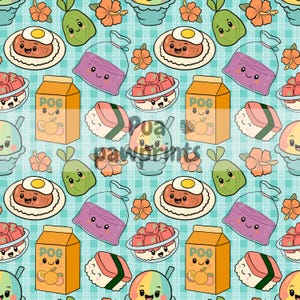 May include: A repeating pattern of kawaii-style food items on a light blue plaid background. The pattern includes smiling sushi, fried eggs, juice boxes, and other dishes. The text "POG" is visible on the juice boxes.