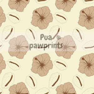 Puede incluir: Un patrón sin costuras con flores de hibisco marrones y conchas de cauri marrones sobre un fondo amarillo claro. El texto "Pua pawprints" está centrado en el patrón.