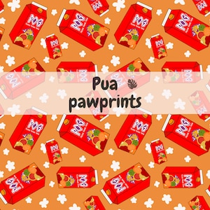 May include: A seamless pattern featuring red juice boxes with a white background. The juice boxes have a cartoon image of fruit and the text "POG" on them. The background is filled with white flowers.