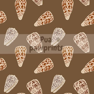 May include: A repeating pattern of stylized seashells in shades of brown and cream on a brown background. The shells have a cone shape with speckled patterns. The text "Pua prints" is partially visible.